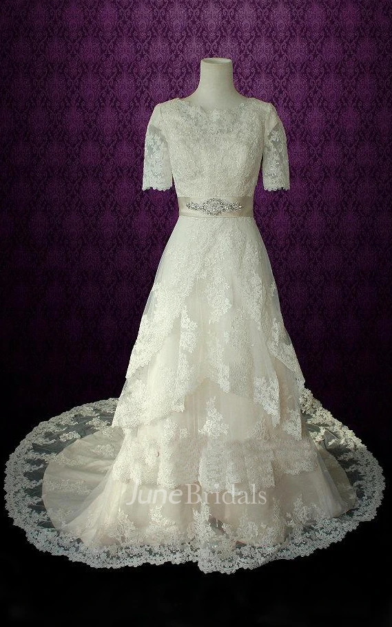 Jewel Button Back Lace Wedding Dress With Crystal Detailing And Tiers
