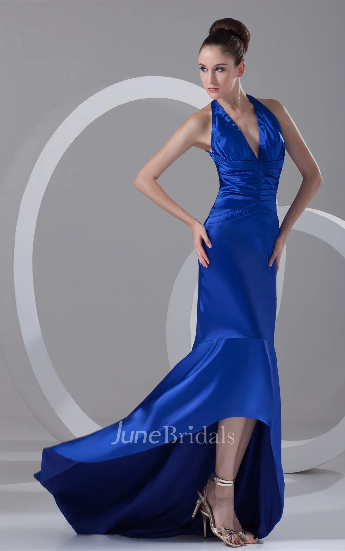 plunged high-low satin dress with brush train and ruched waist