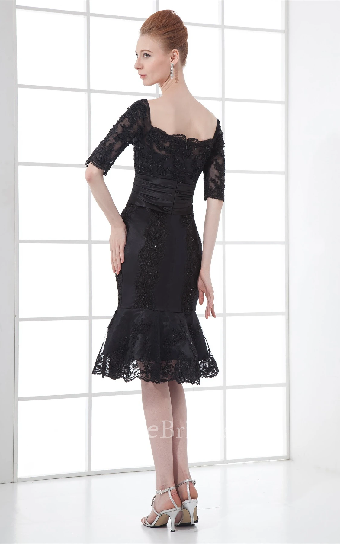 off-the-shoulder midi mermaid lace dress with beading