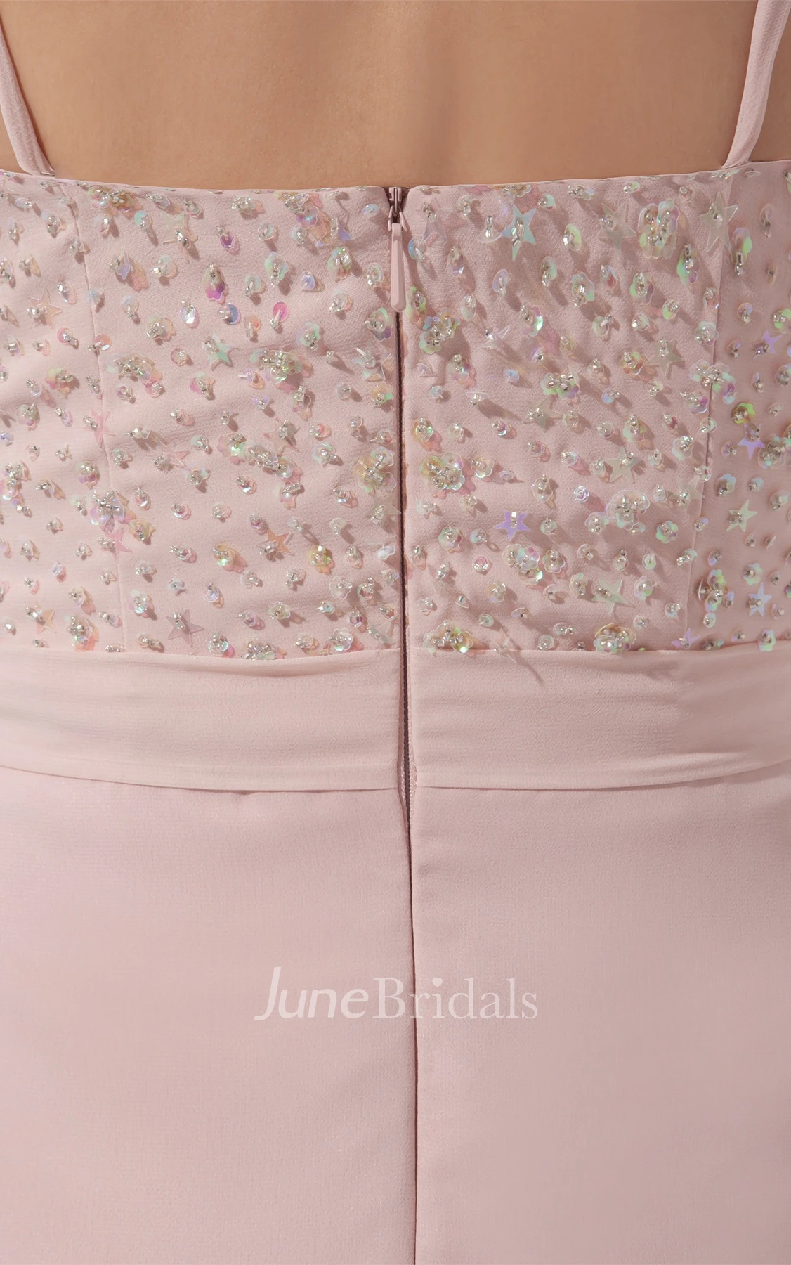 Spaghetti-Straps Knee-Length A-Line Chiffon Dress with Beadings and Zipper Back