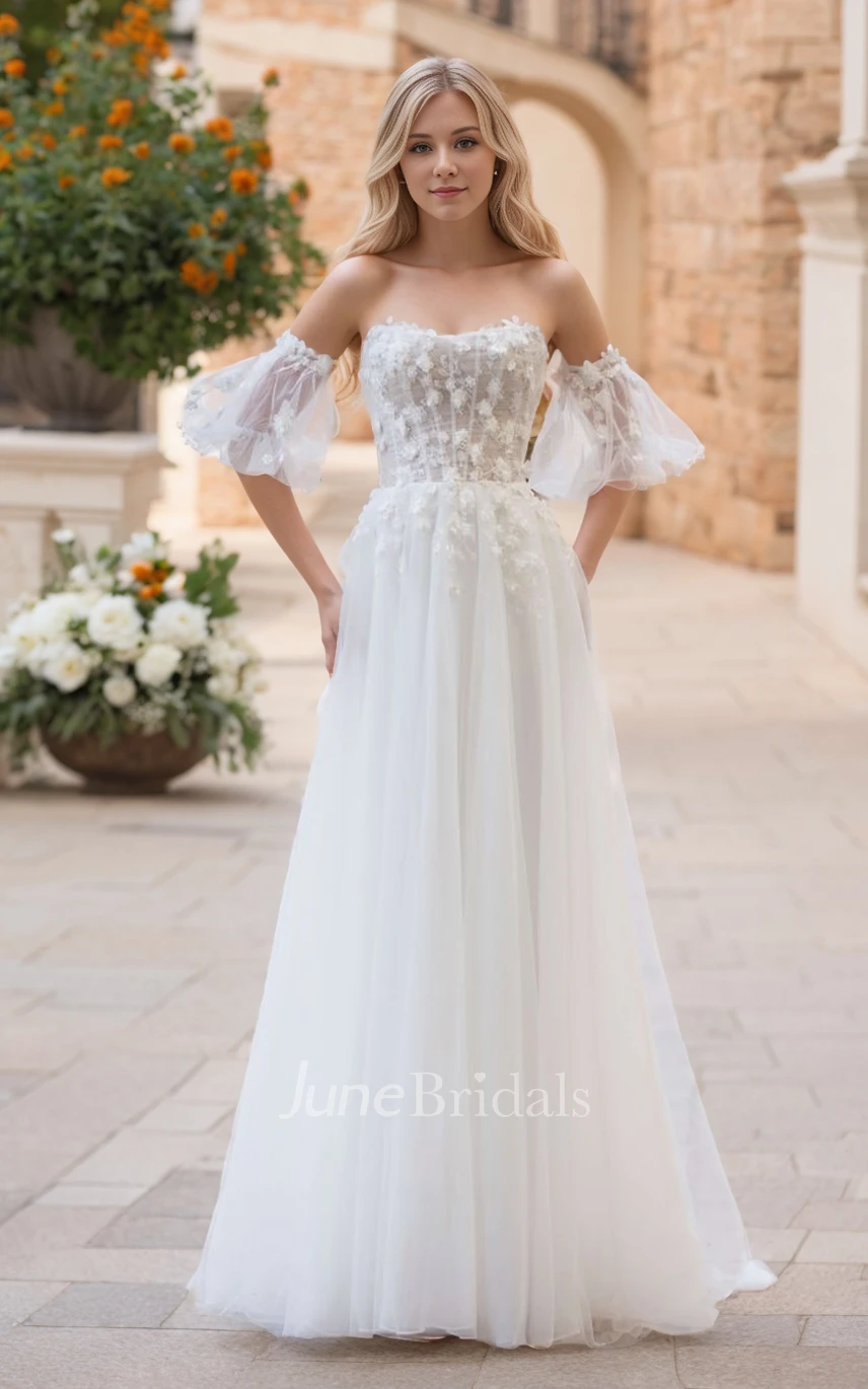 Romantic Sexy A-Line Lace Tulle Spring Wedding Dress Off Shoulder Puff Sleeves Open Back Bridal Gown