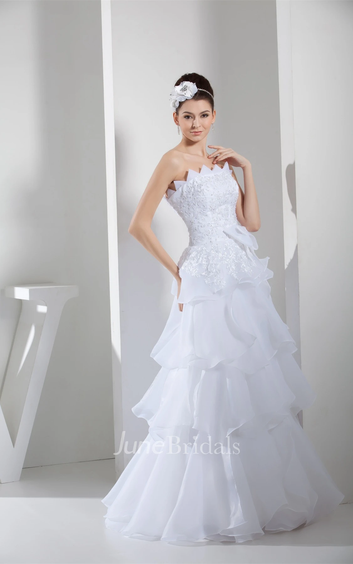 Strapless A-Line Tiered Dress with Appliques and Bow