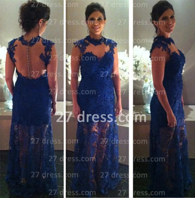 Proms Party Elegant Long Dresses for Evening Blue Lace Sleeveless High-neck Womans Gowns