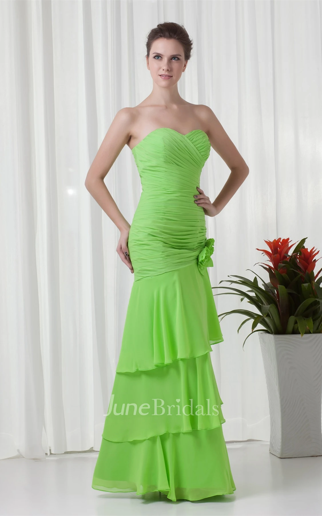 chiffon criss-cross maxi sweetheart dress with tiers and flower