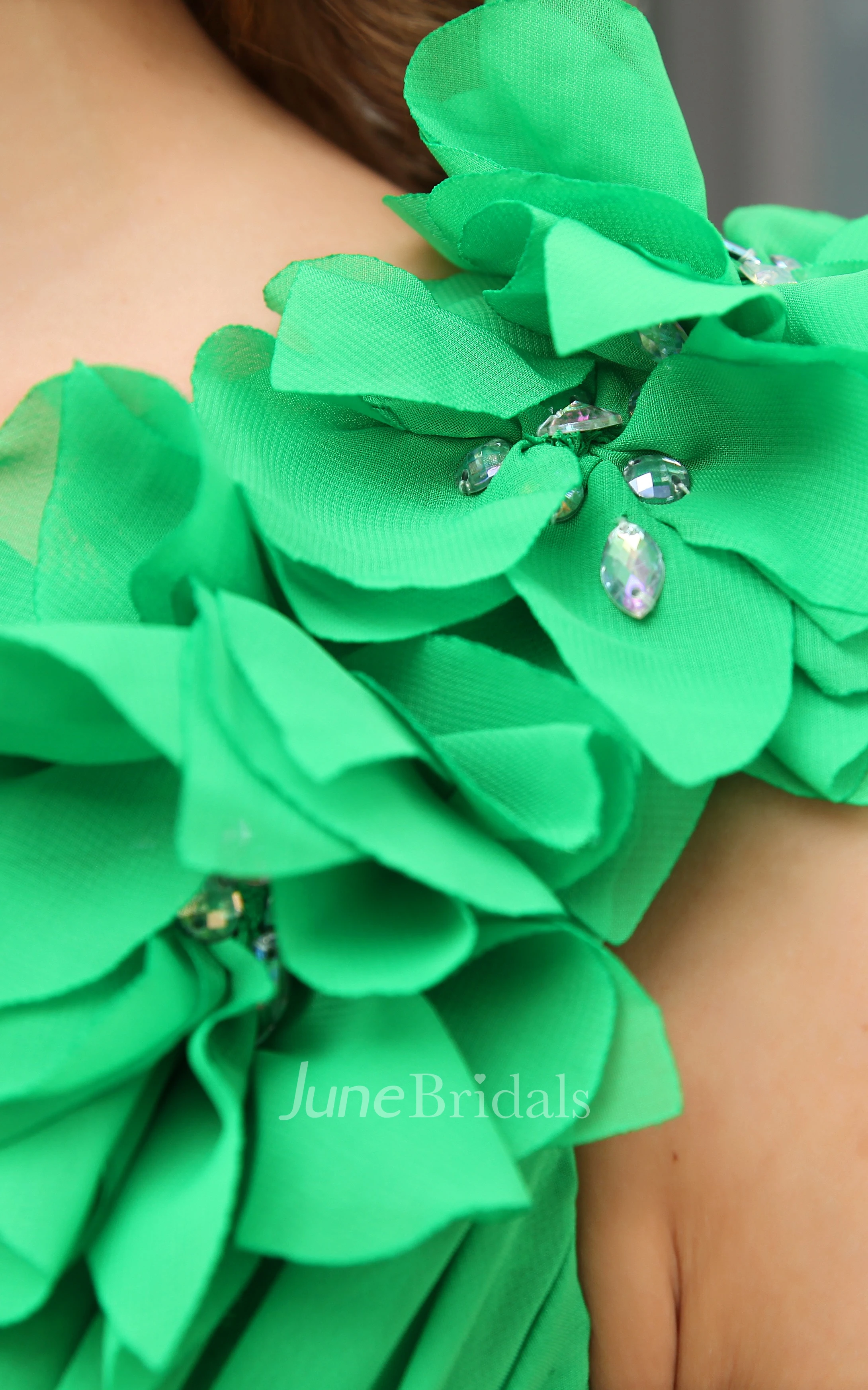 Floral One-Shoulder Front-Split Ankle-Length Dress With Ruching and Beading