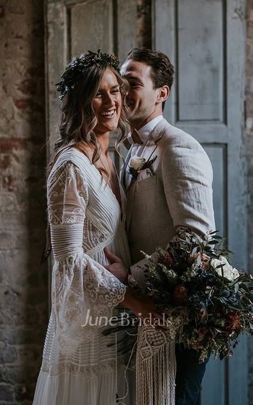 Boho Lace Long Sleeve Winter Wedding Dress Casual Country A-Line Deep V-Neck Bridal Gown