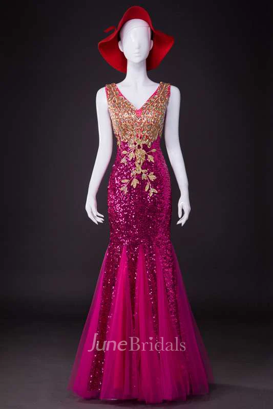 Sleeveless V Neck Sequined Long Tulle Dress