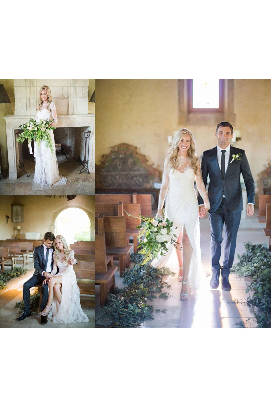 Vintage Bohemian Sheath Sheer Bateau Neck Long Sleeves High Slit Lace Bridal Gown