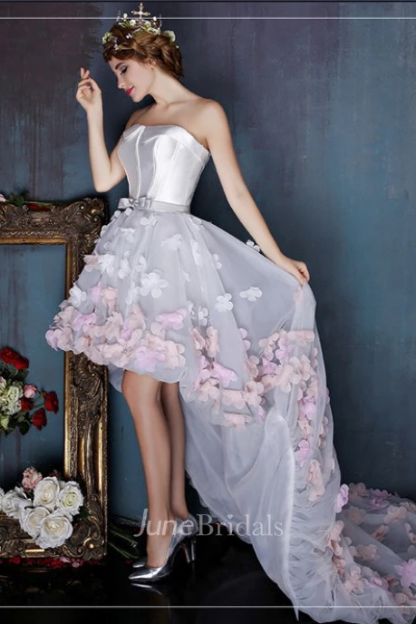 Sleeveless Cute Open Back High-low Dress With 3D Floral Appliques And Delicate Bow