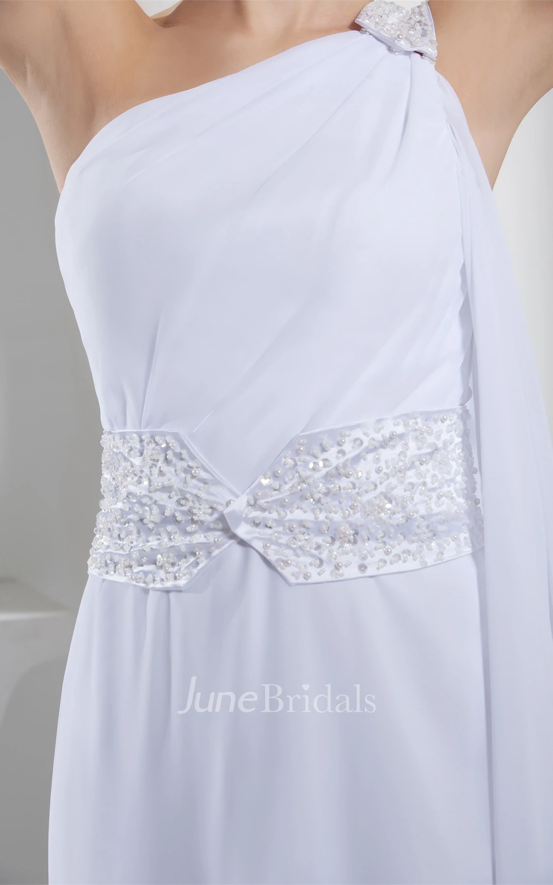 Side Draping One-Shoulder A-Line Dress with Beadings and Brush Train