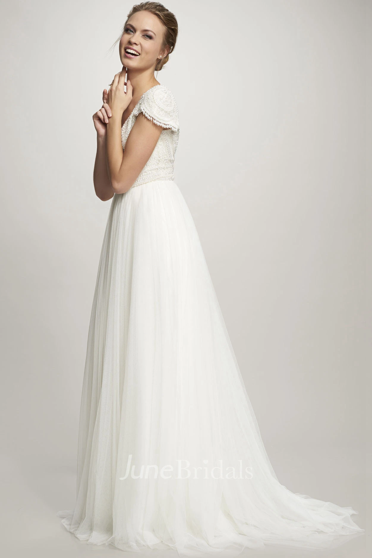 A-Line Cap-Sleeve Maxi V-Neck Tulle Wedding Dress With Beading And V Back
