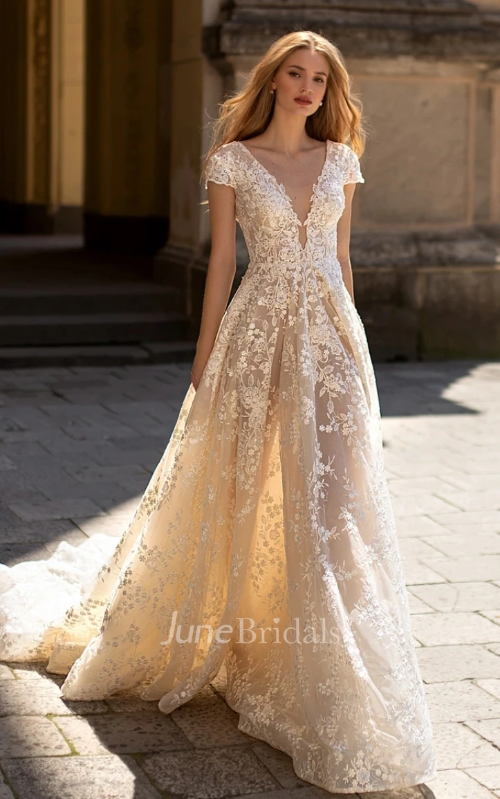 Romantic A-Line Plunging Neckline Lace Spring Wedding Dress With Zipper Back And Appliques