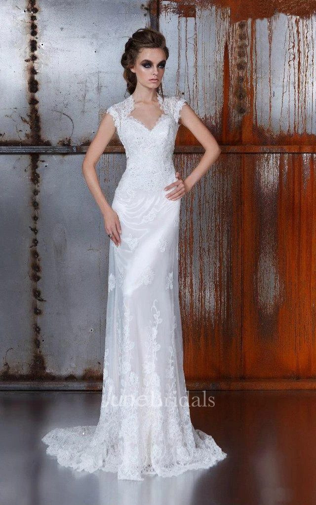 Sheath Cap V-Neck Floor-Length Lace Dress With Appliques