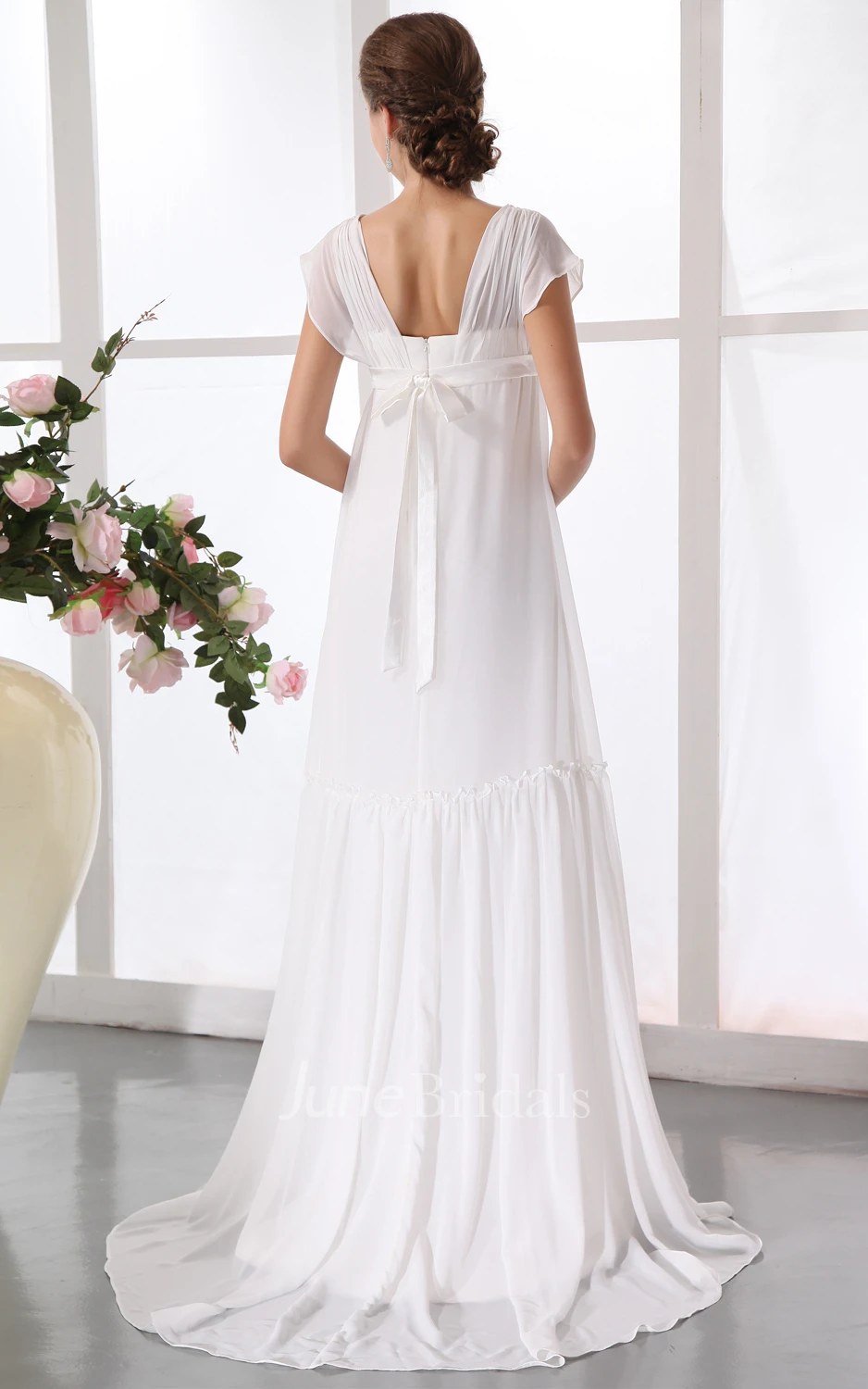 Chic Pleated Soft Flowing Fabric Maternity Wedding Dress With Floral Waistband