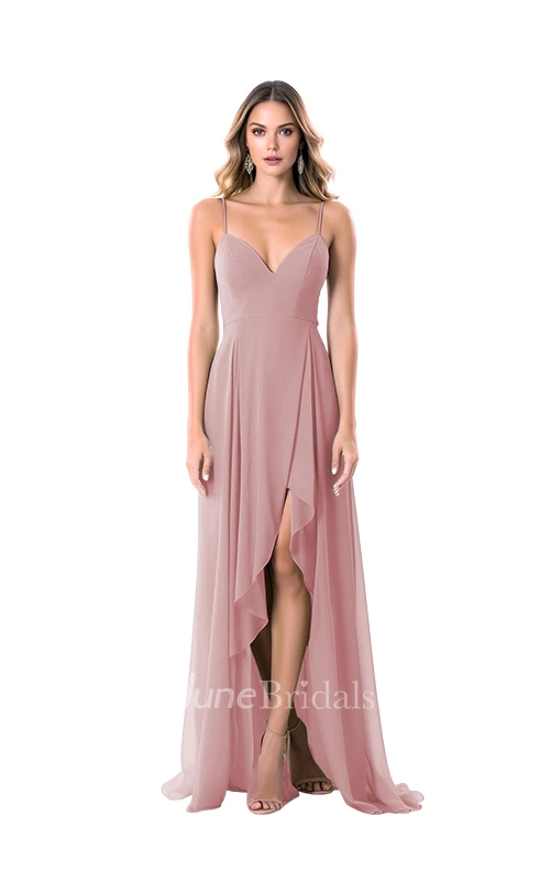 Modern A-Line Chiffon Spaghetti V-neck Bridesmaid Dress with Split Front