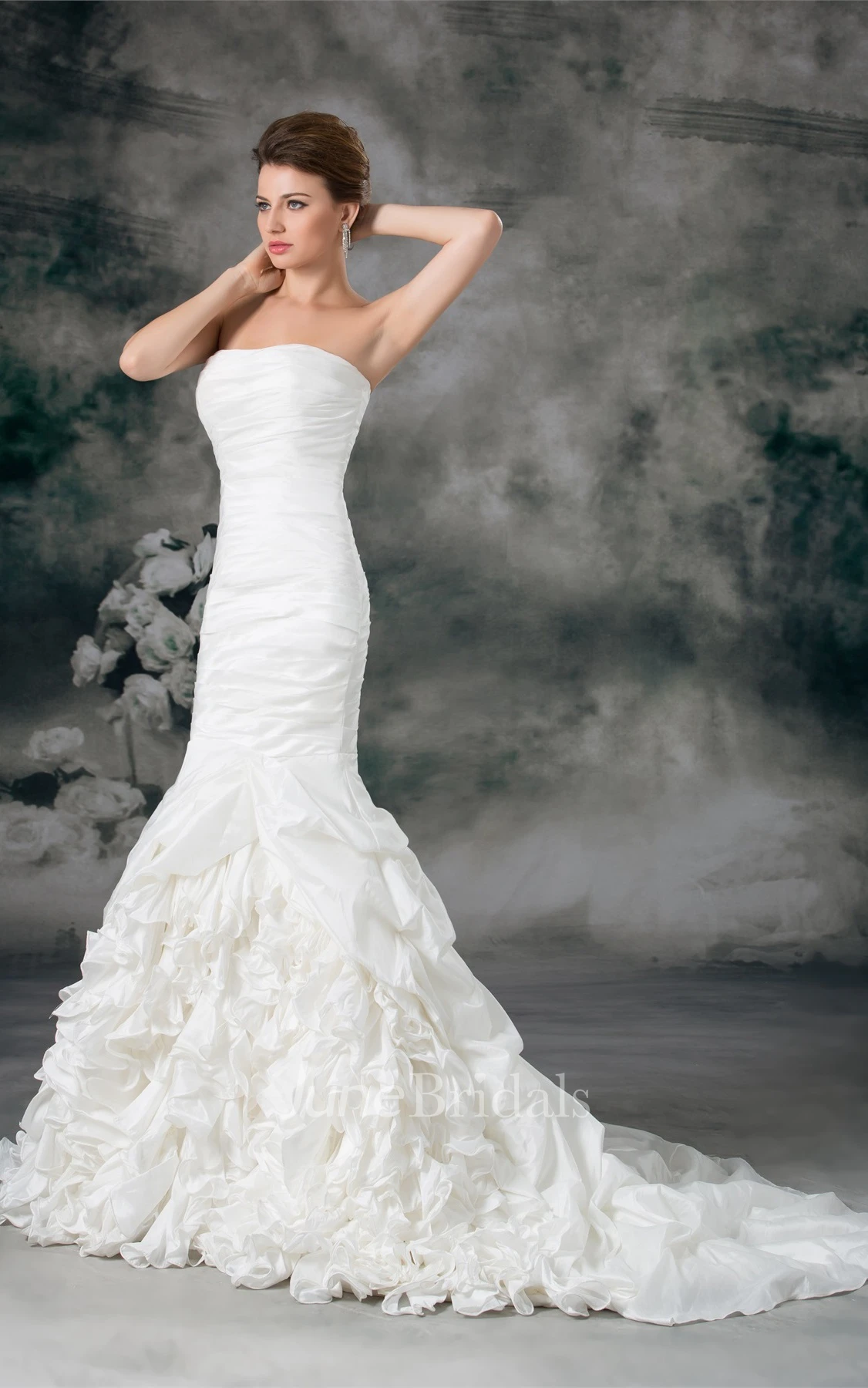strapless a-line column gown with ruffled skirt and ruching