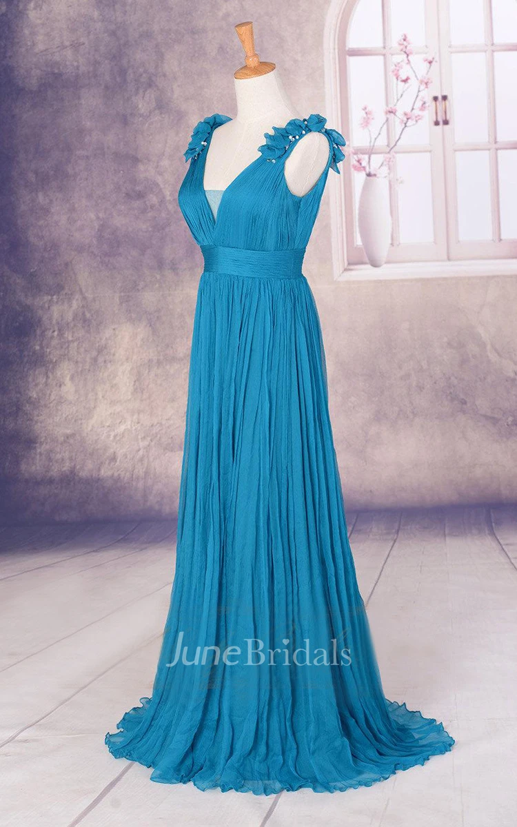 V-neck Chiffon Dress With Flowers And Pleats