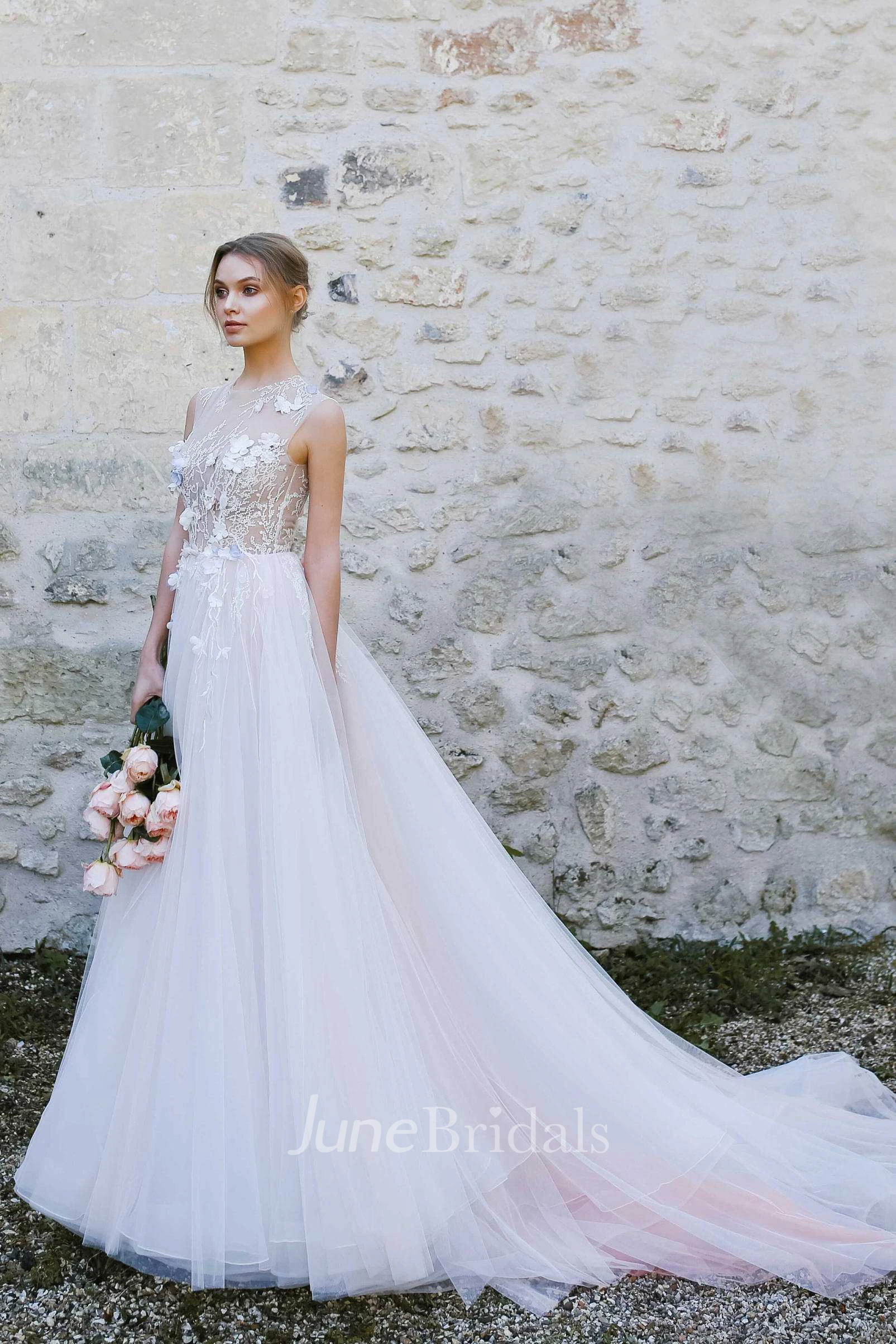 Jewel-Neck Sleeveless A-Line Tulle Pleated Dress With Appliques And Illusion