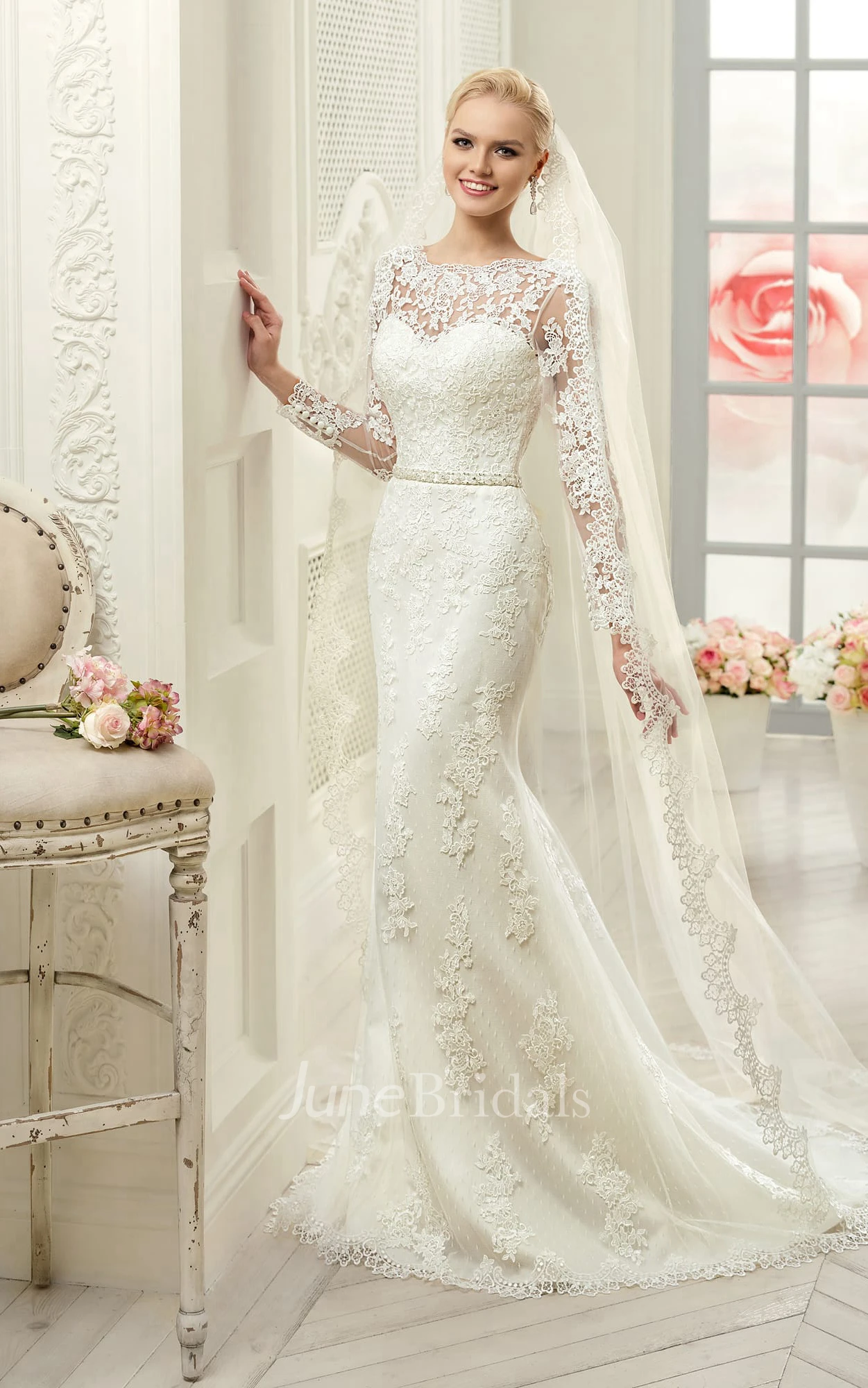 Sheath Maxi Bateau Long-Sleeve Deep-V-Back Lace Dress With Appliques And Waist Jewellery