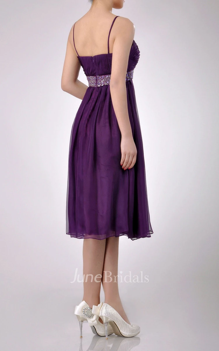 Spaghetti A-line Chiffon Knee-length Dress With Beaded Belt