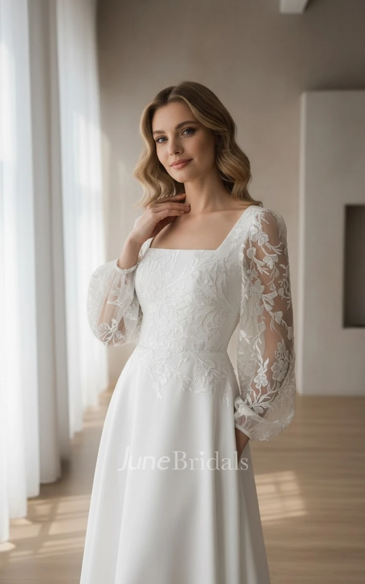 Elegant Solid Square Neck A-Line Lace Flowers Wedding Gown Vintage Floor-length Long Puff Sleeve Button Back Winter Bridal Dress with Appliques