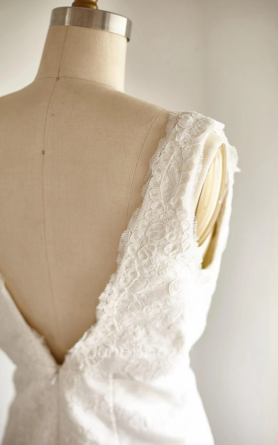 Trumpet V-Neck Lace Satin Weddig Dress With Low-V Back