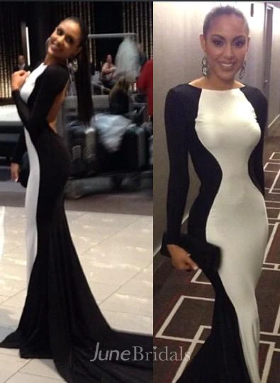 New Sexy White and Black Prom Gown Long Sleeves Womens Evening Party Dresses