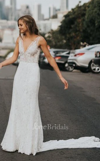 Sheath V-neck Lace Floor-length Chapel Train Sleeveless Wedding Dress