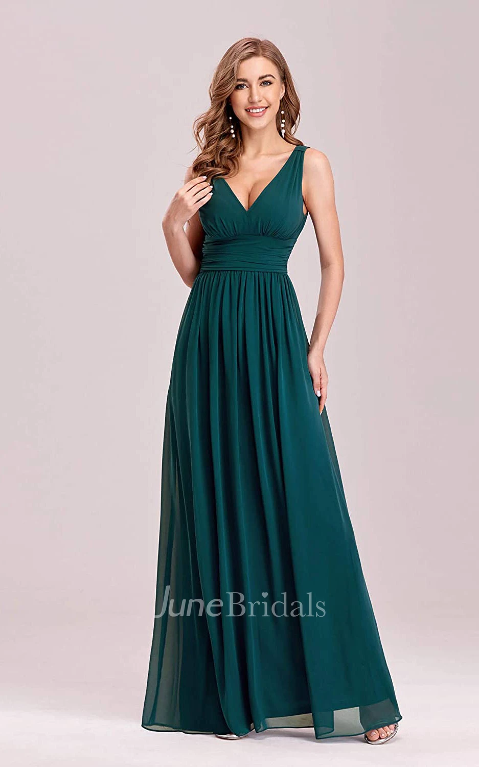A Line V-neck Chiffon Sleeveless Evening Dress With Ruffles