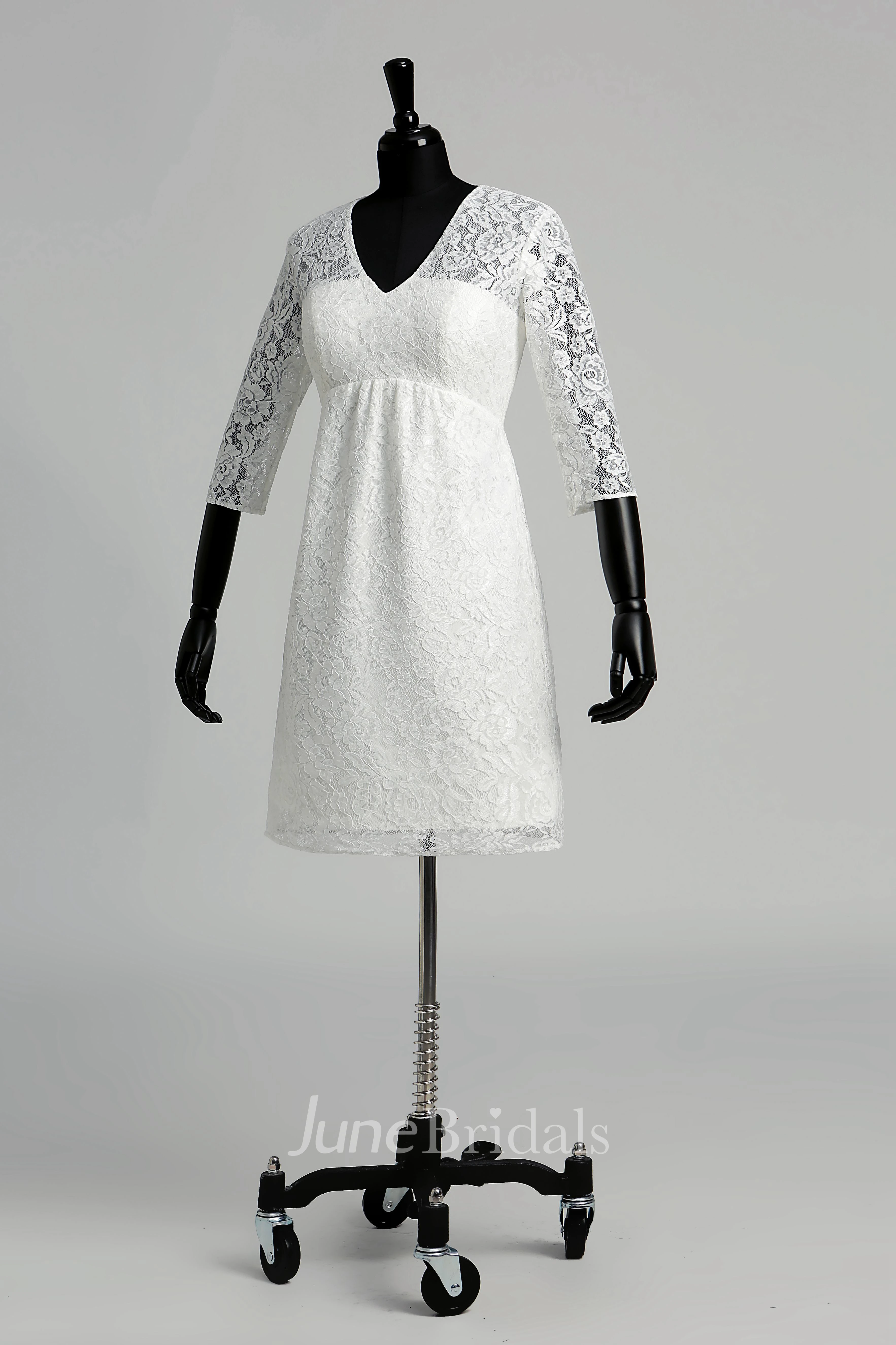 Knee-length A-line V-neck Illusion 3/4 Length Sleeve Illusion Lace Weeding Dress