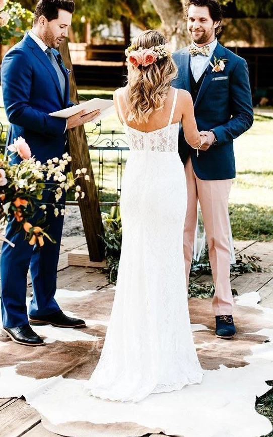 Elegant Sheath Lace Spaghetti Sweetheart Sleeveless Wedding Dress With Split Front