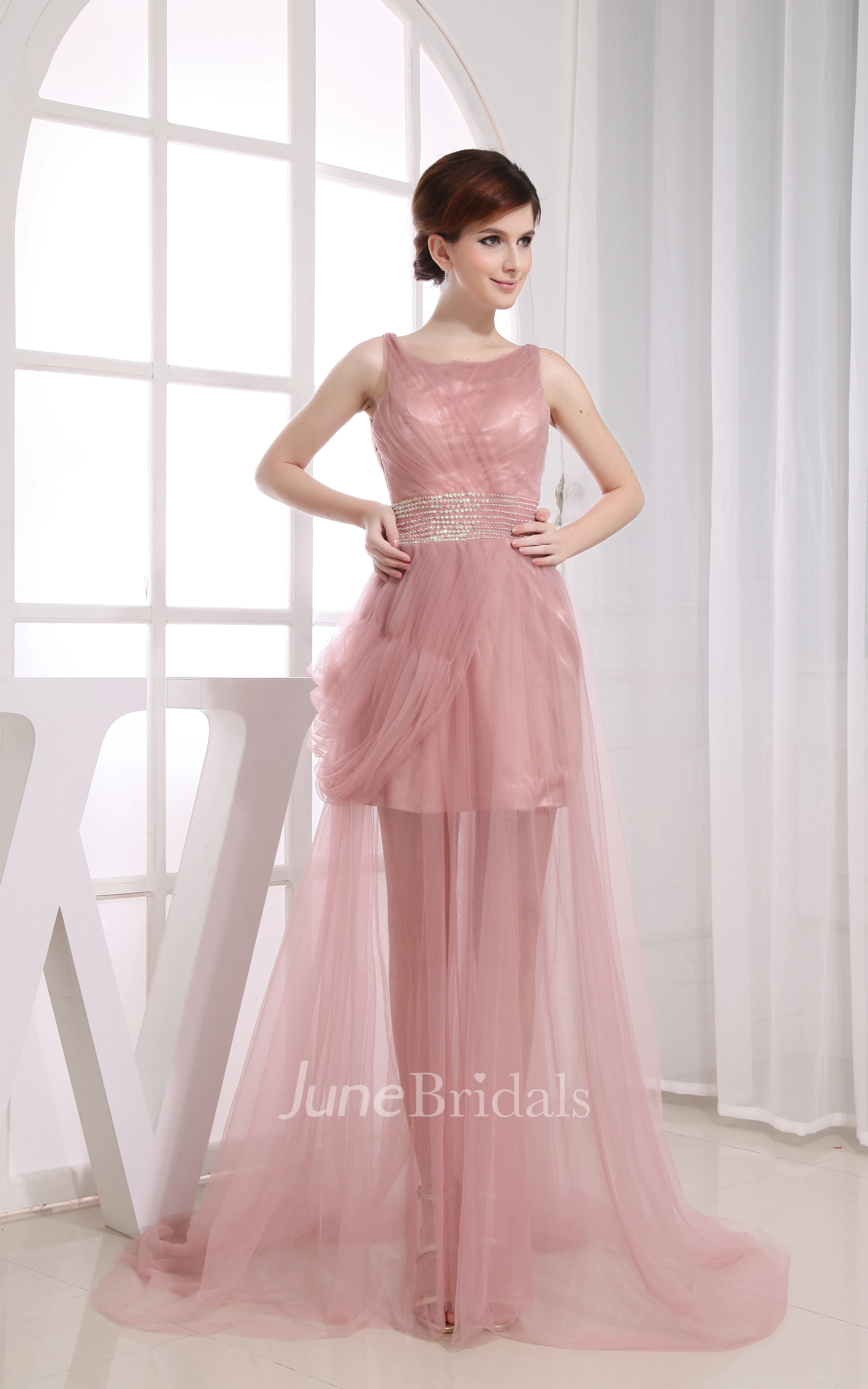 Bateau-Neck Sleeveless Dress With Tulle Overlay and Beaded Waist
