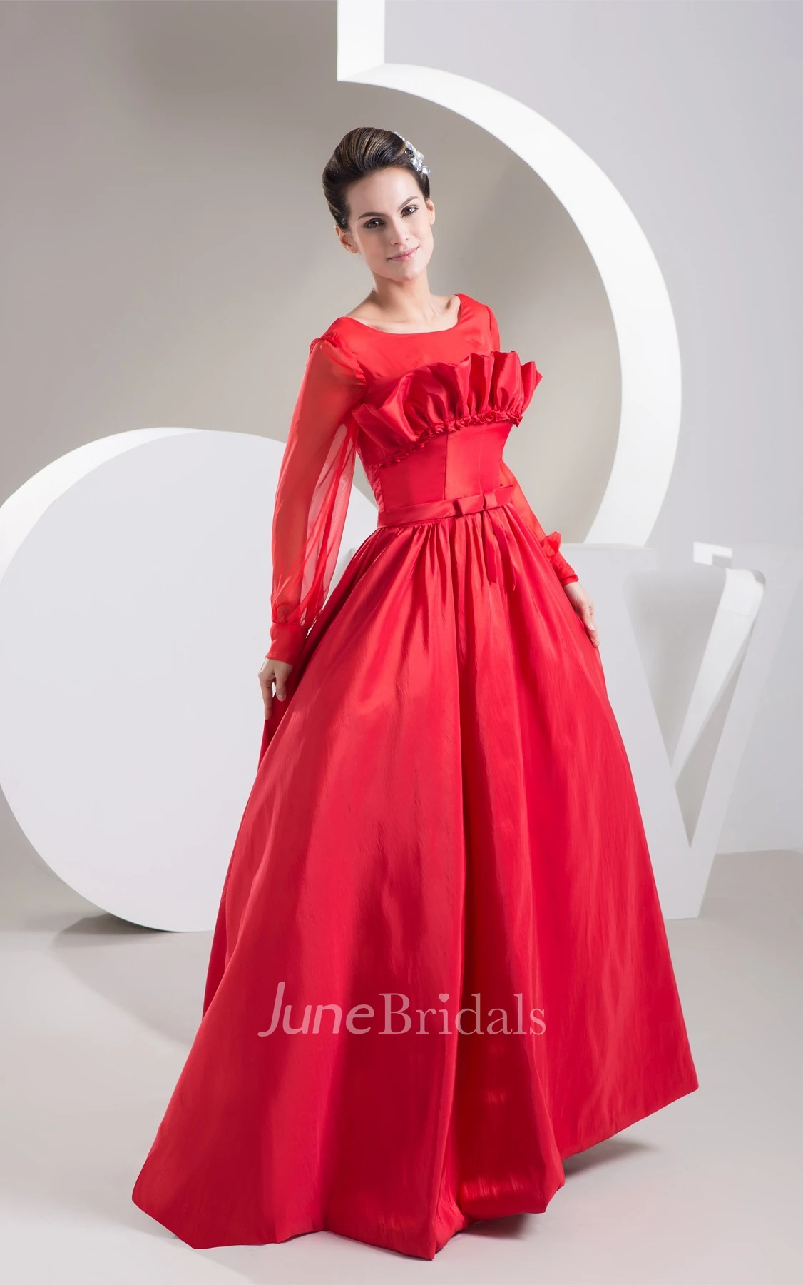 Long-Sleeve Floor-Length A-Line Gown with Bow and Pleats