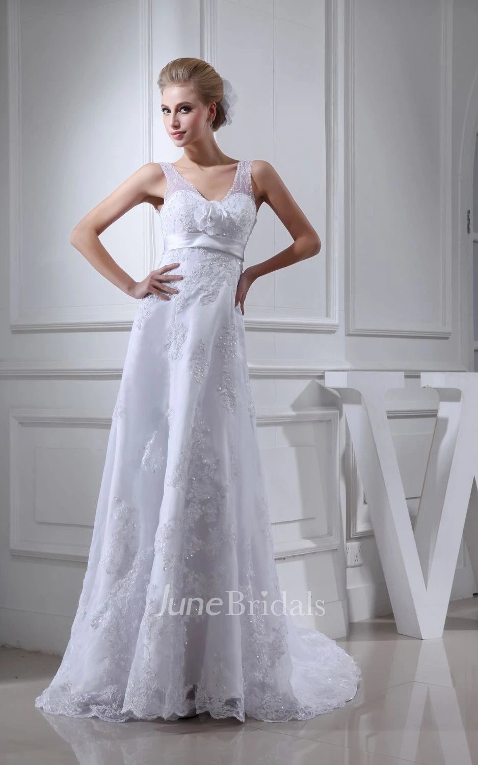 Strapped Lace Sheath Floor-Length Dress With Flower and V-Back Design