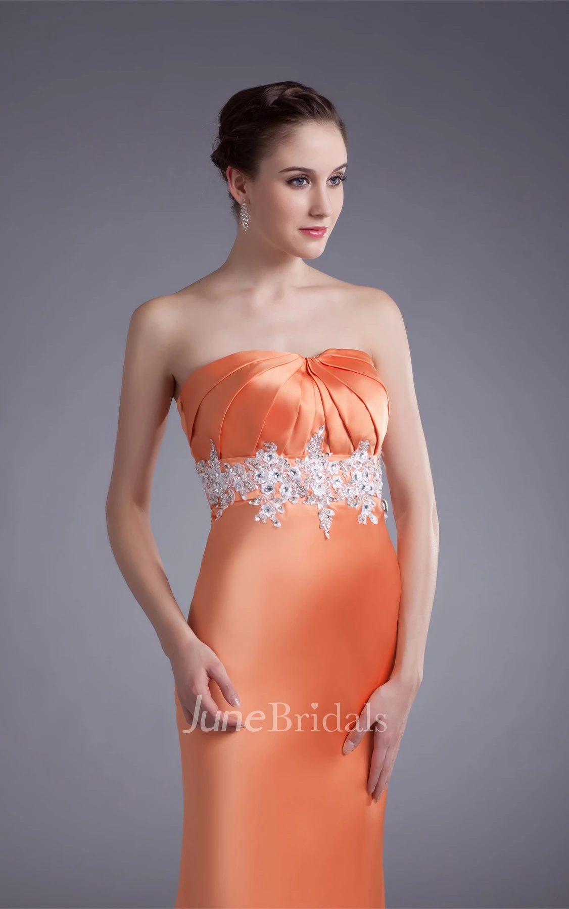 satin sheath strapless dress with appliqued waist