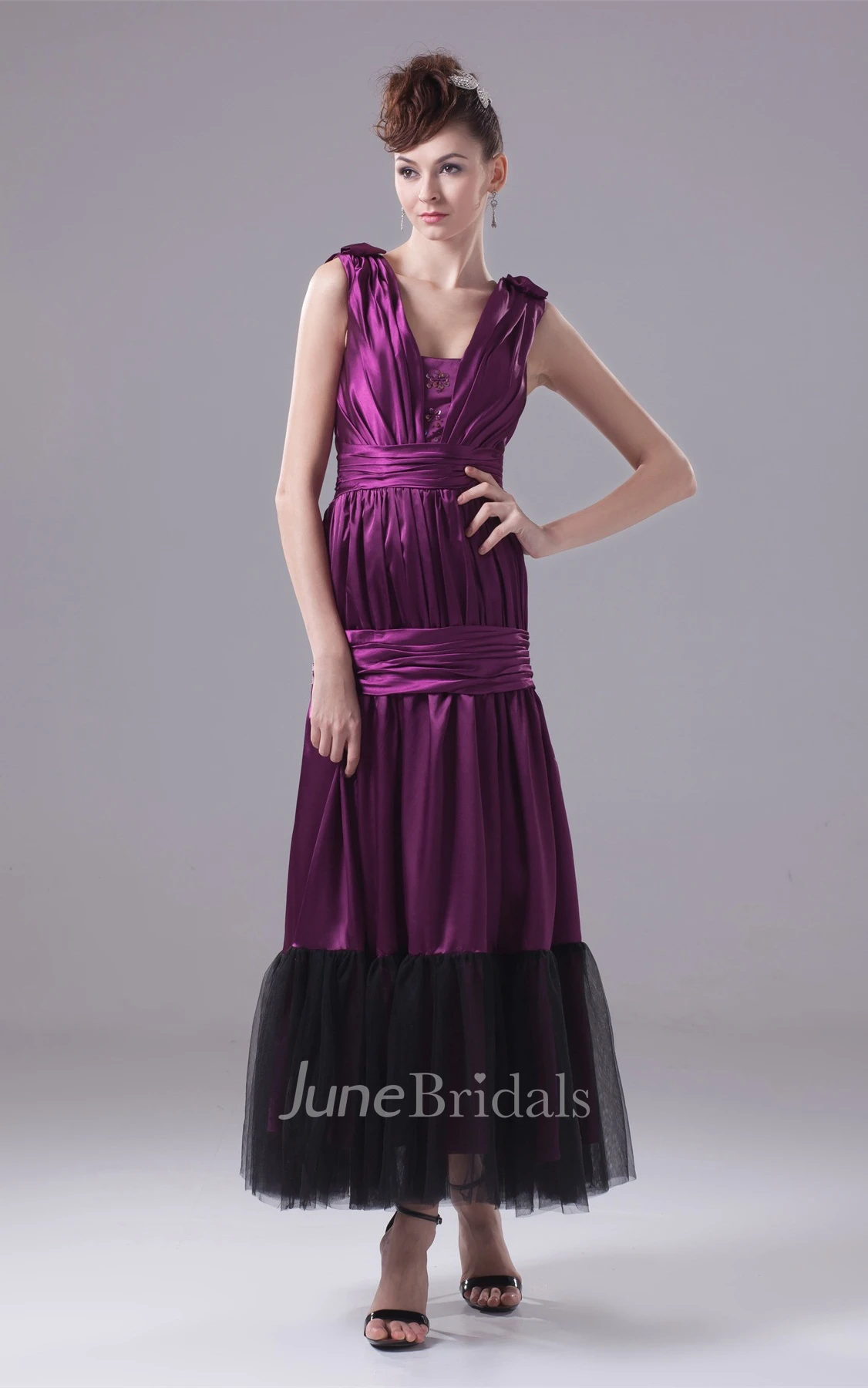 Sleeveless Square-Neckline Ruched A-Line Gown with Cinched Band and Beadings