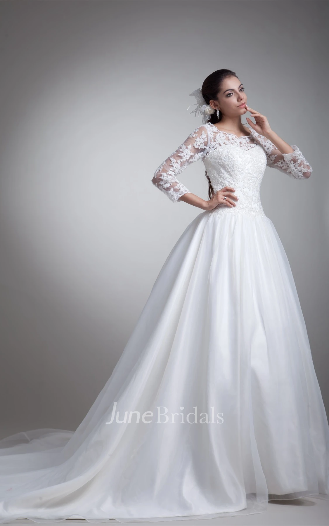 A-Line Pleated Lace Ball Gown with Illusion Long Sleeves