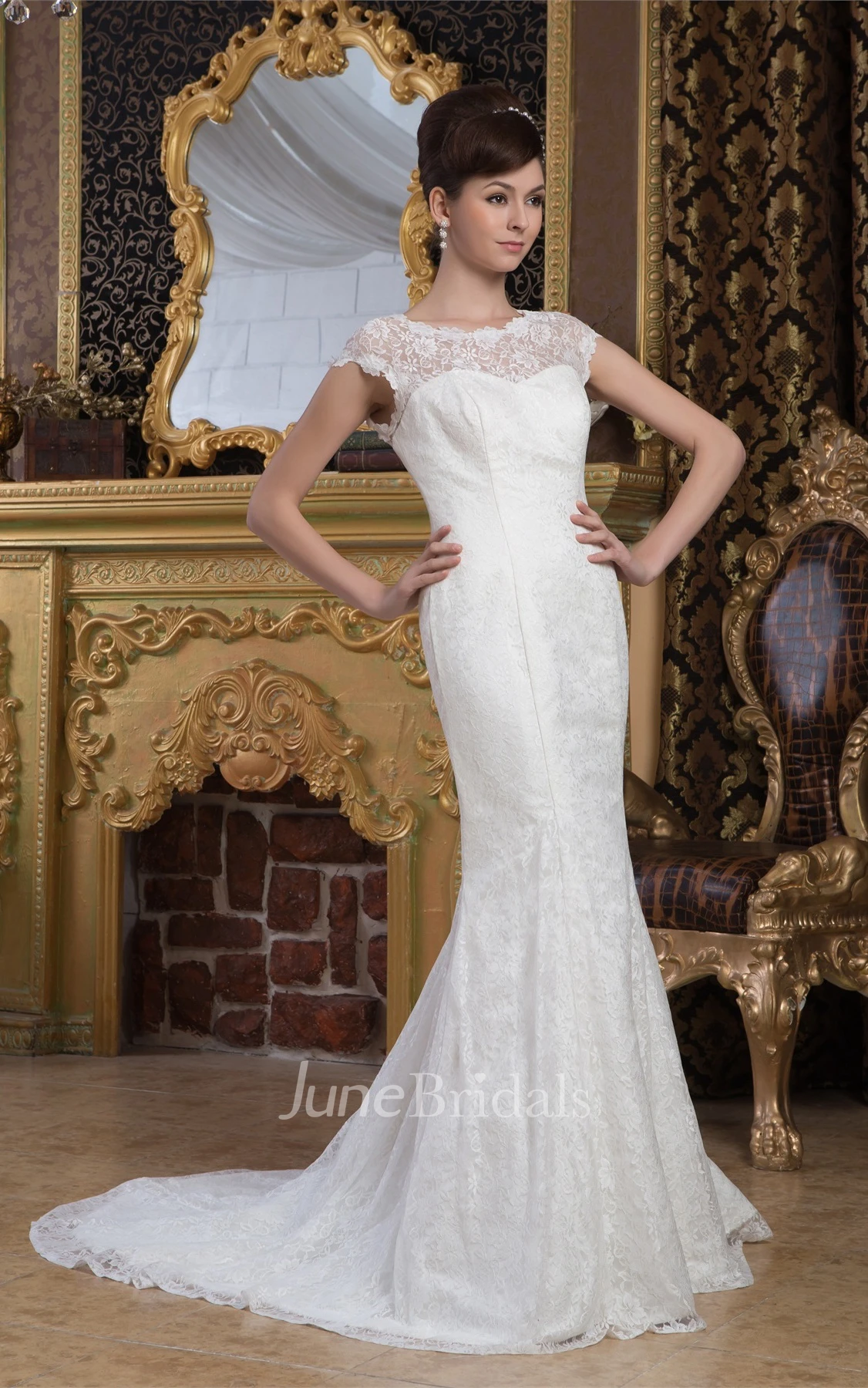 Bateau-Neck Lace Caped-Sleeve Mermaid Dress with Brush Train