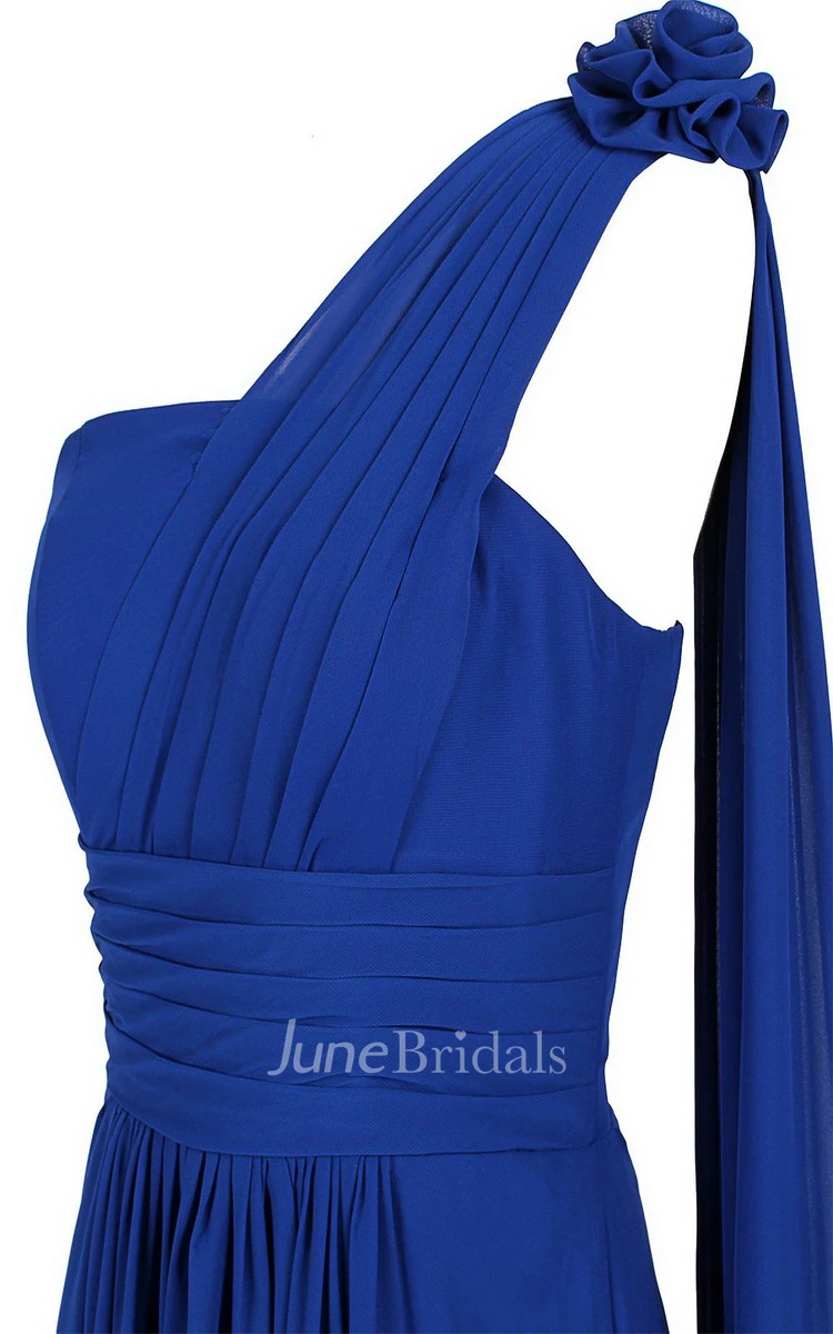 One-shoulder Chiffon Gown With Flower and Pleats