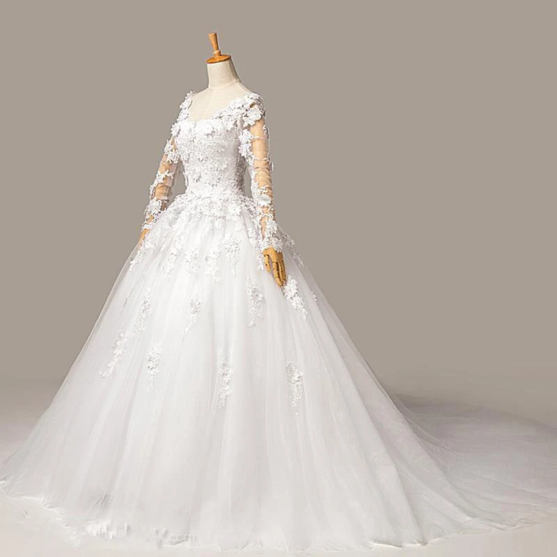 Gorgeous Long Sleeve Appliques Tulle Wedding Dresses Ball Gown Lace-up