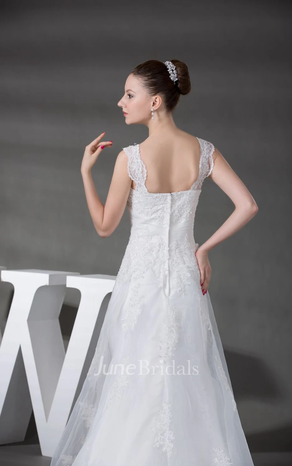 Plunged Ruched A-Line Dress With Tulle Overlay and Appliques