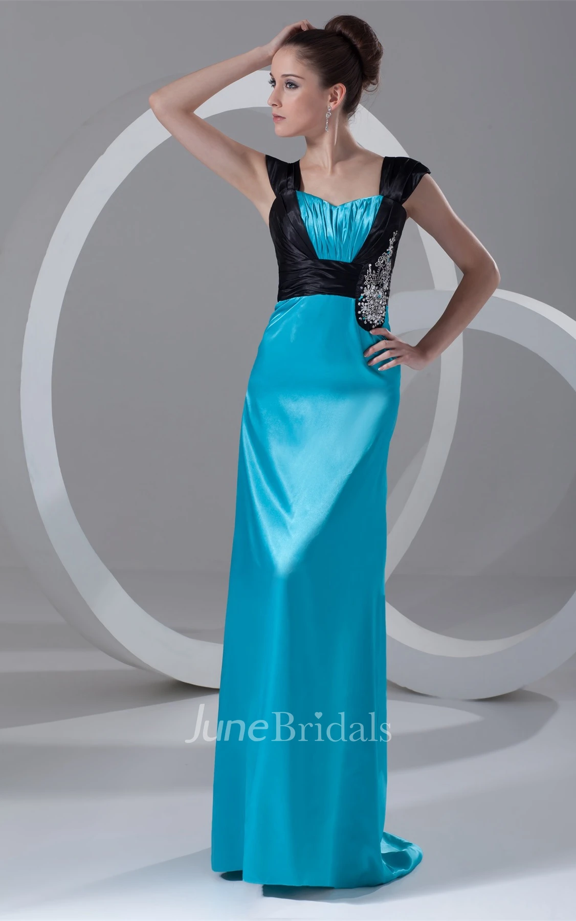 Caped-Sleeve Satin Floor-Length Dress with Beading and Brush Train