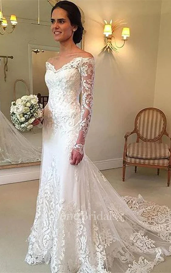 Gorgeous Mermaid Off-The-Shoulder Lace Trumpet Boho Spring Wedding Dress Glamorous Long Sleeves Court Train Gown
