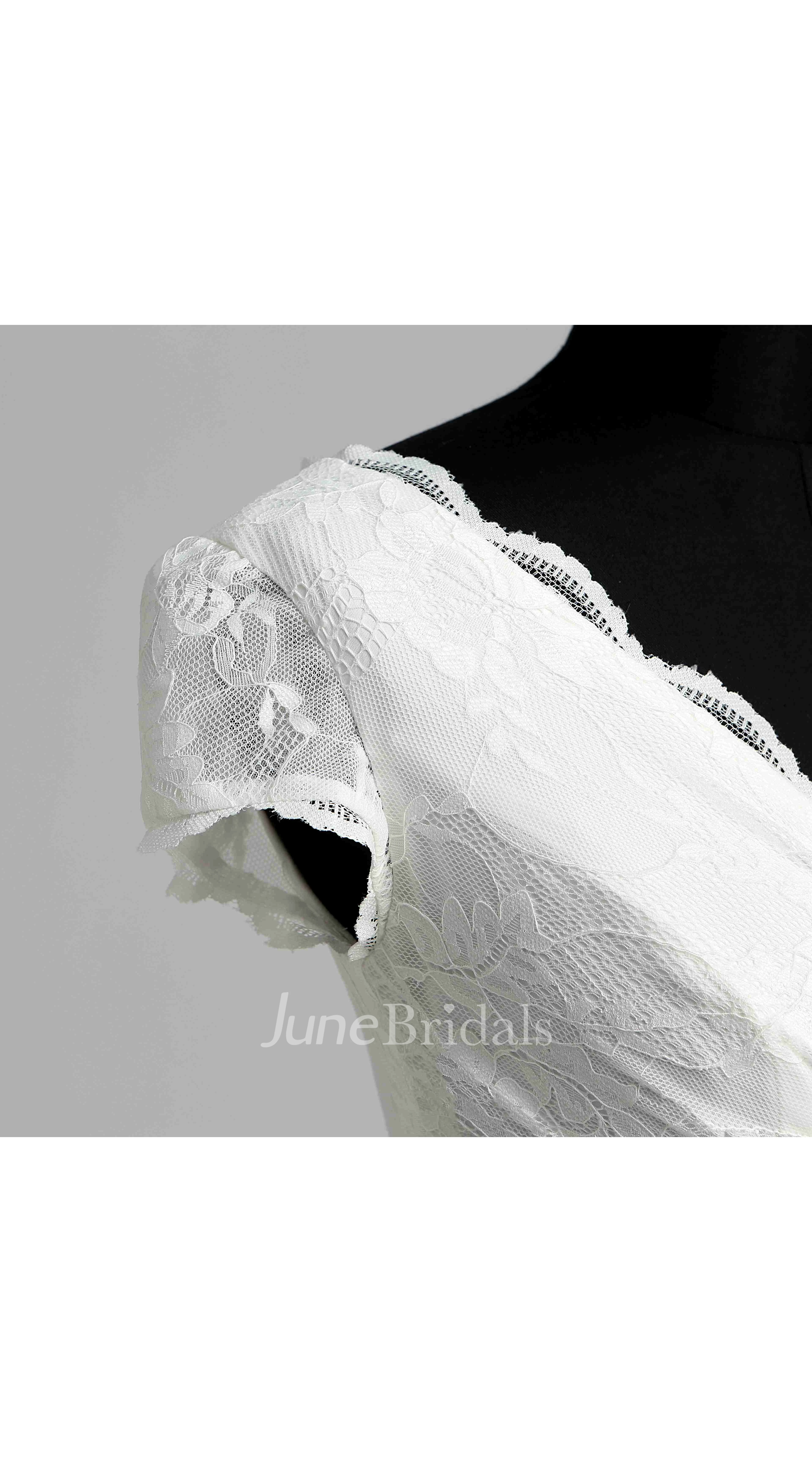 Floor-length A-line Scalloped V-neck Cap Illusion Short Sleeve Low-V Back Lace Weeding Dress