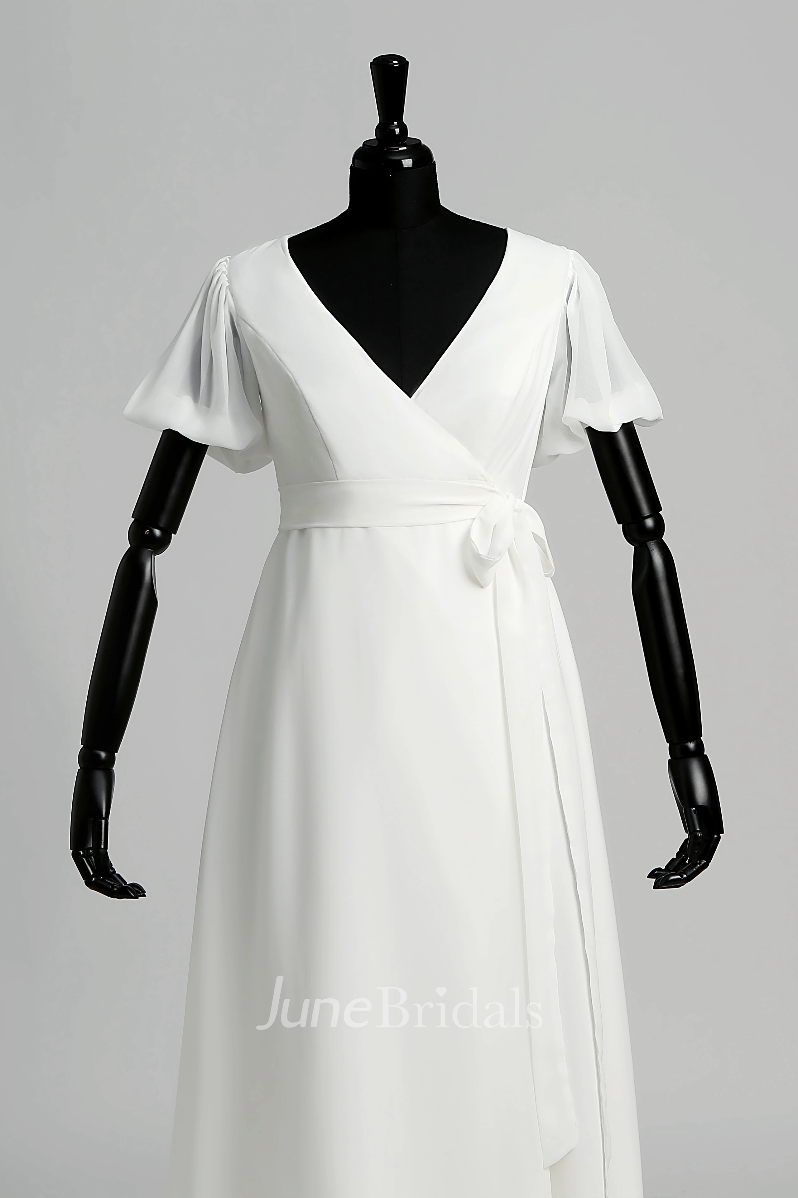 Puf Style Sleeve V-neck Long Chiffon Wedding Dress