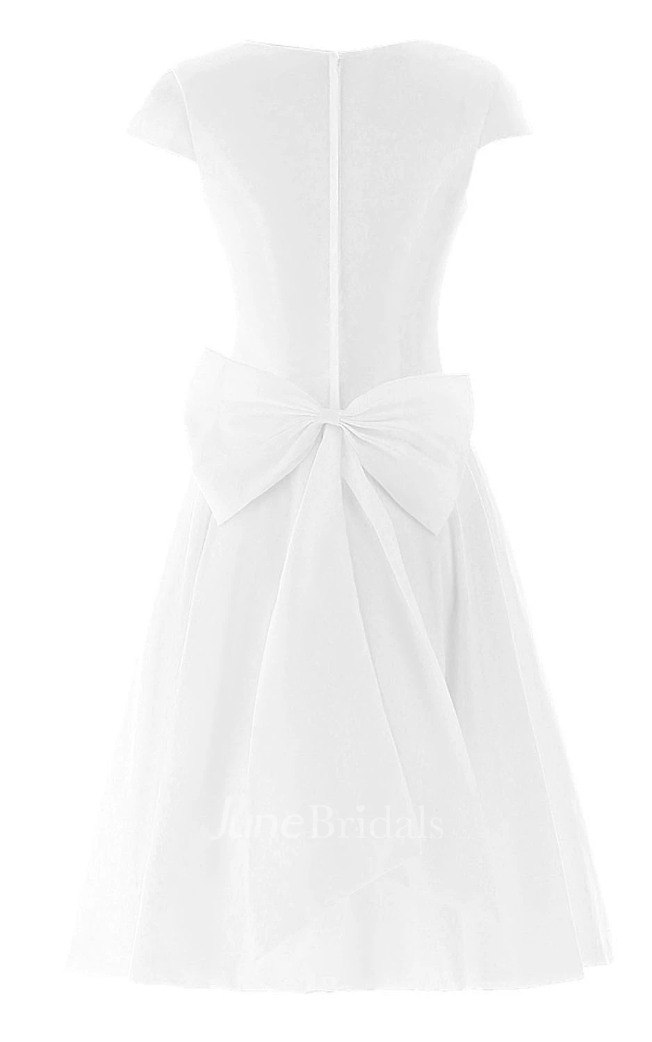 Short Sleeve Knee-length Pleated Chiffon Dress With Bowknot