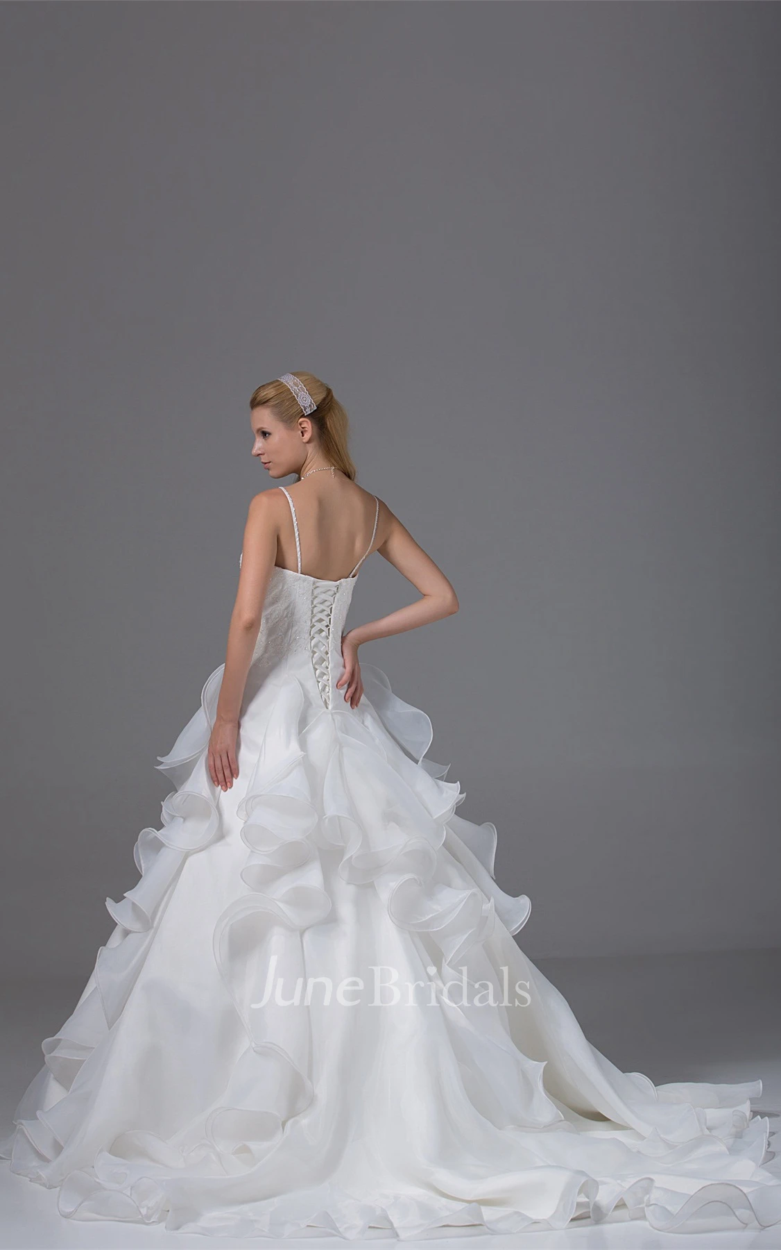 Appliqued Ruffled A-Line Gown with Spaghetti-Straps and Corset Back