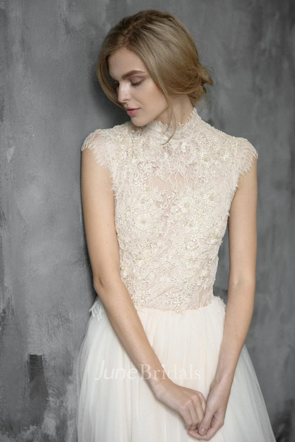 High Neck Tulle Lace Embroidered Wedding Dress