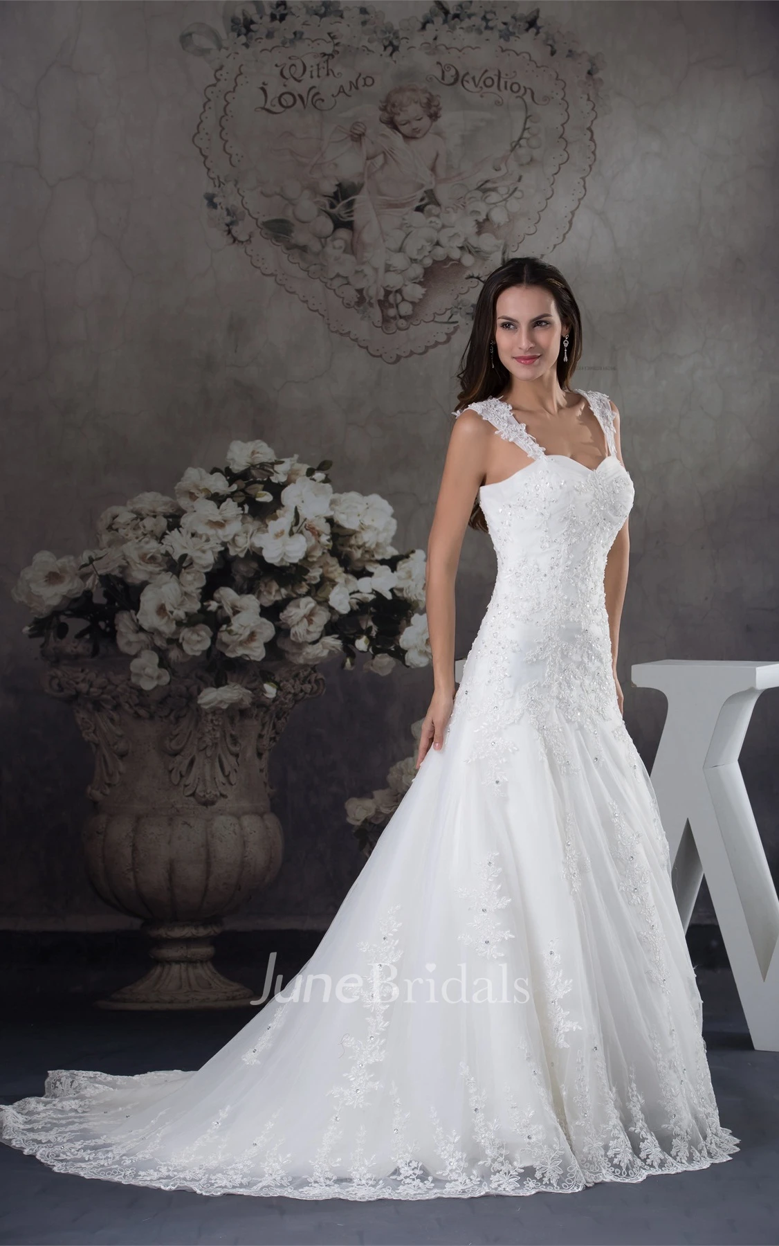 Strapped Lace A-Line Gown with Beading and Court Train