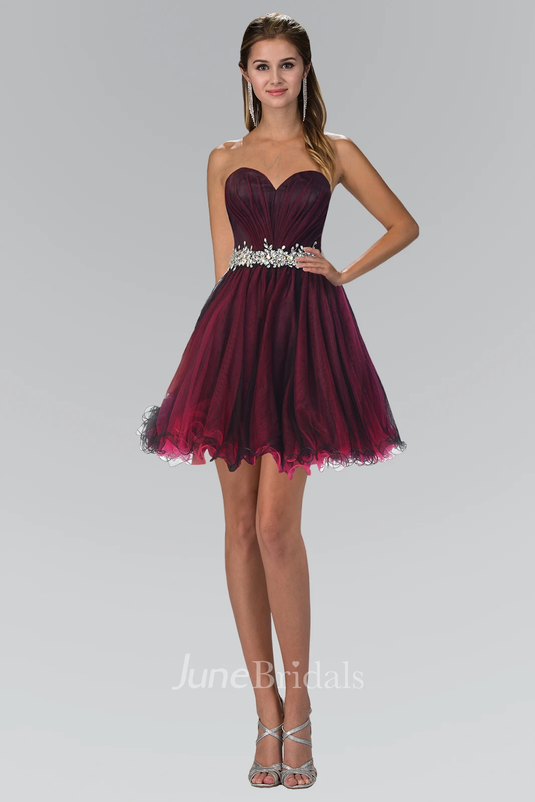 A-Line Mini Sweetheart Tulle Lace-Up Dress With Ruching And Waist Jewellery